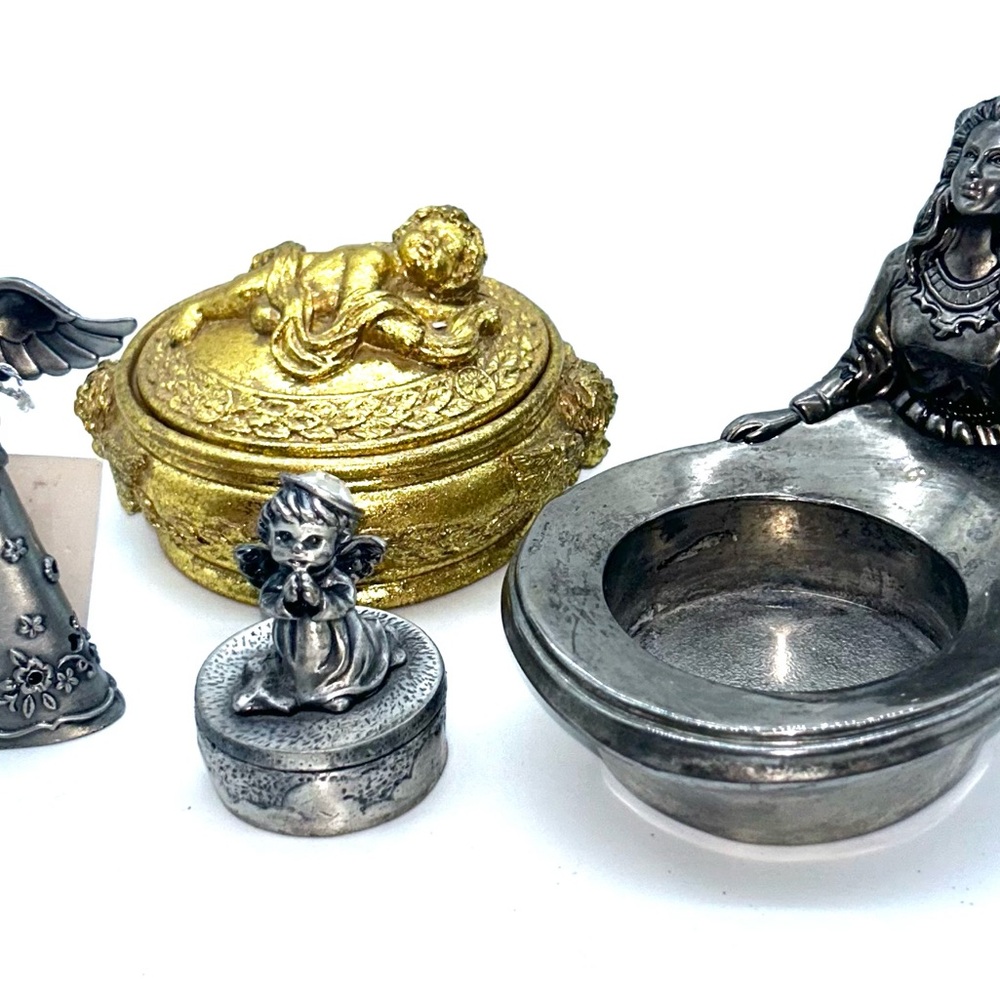 Lot of 4 Vintage Angels Collection Figurines Trinket Box Candle Holder Decor MCM